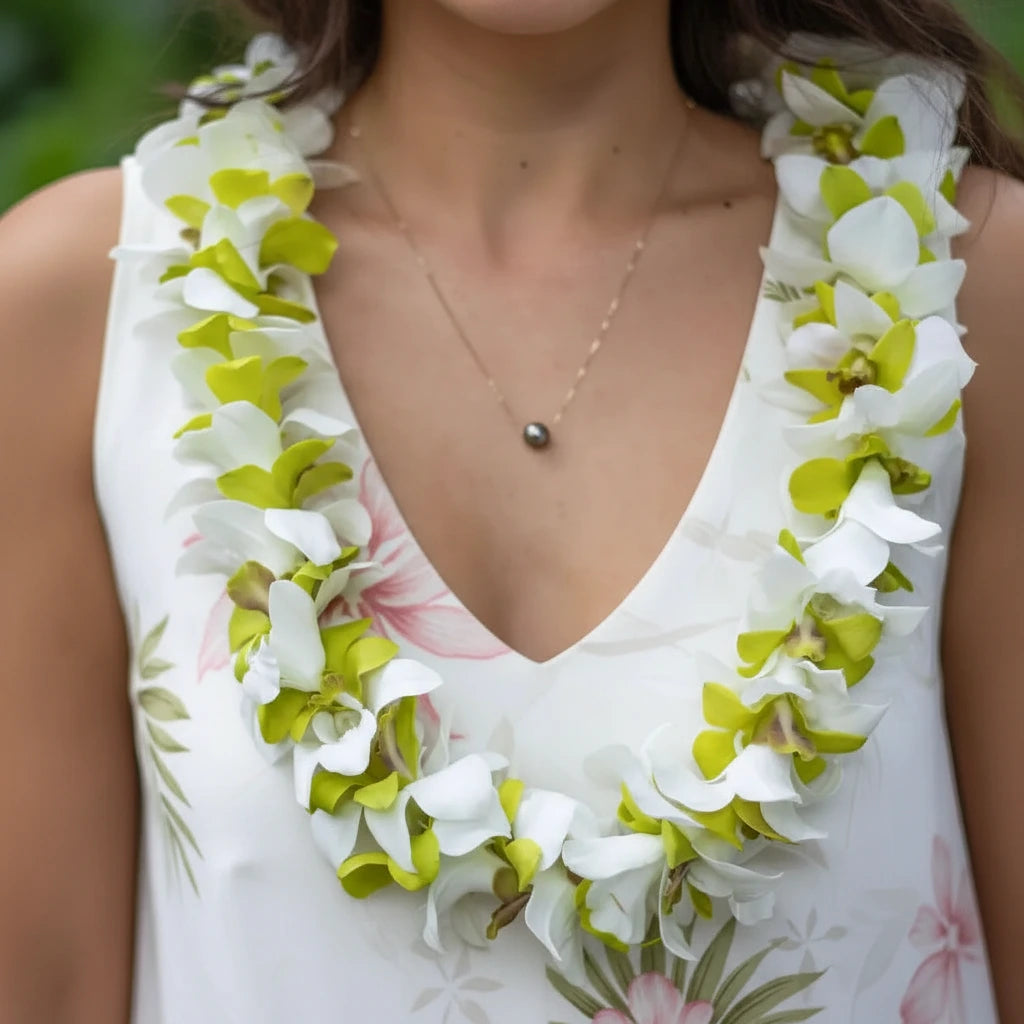Single Green & White Orchid Lei