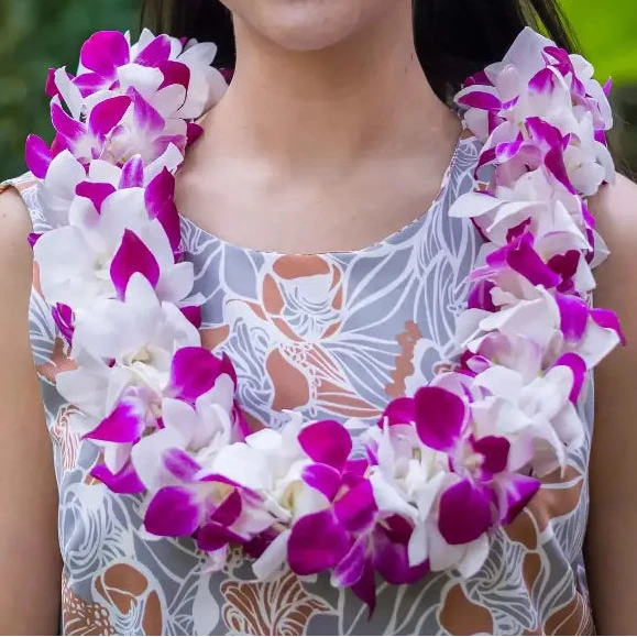 Double Purple Green White Orchid Lei