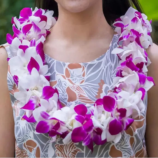 Double Purple Green White Orchid Lei