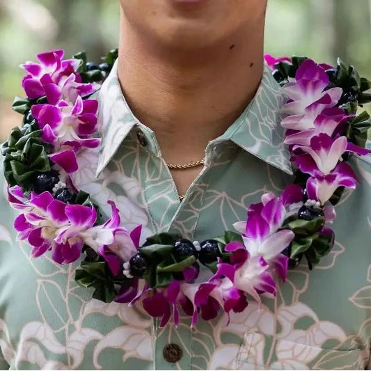 Kukui Ti Leaf & Purple Orchid Twist Lei